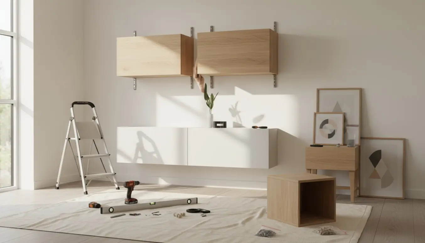Montage af skoskab og to væghængte skabsmoduler med værktøj og billeder i en lys entré.