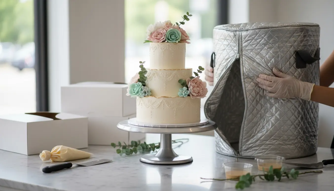 Konditor placerer en trelags bryllupskage i en isoleret transportkasse i et lyst bageri, klar til levering til 80 personer.