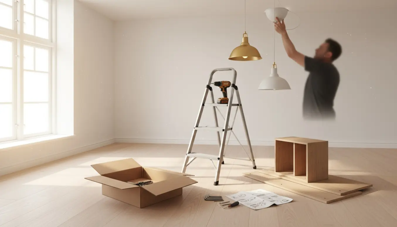 Hænger to lamper op i en lys skandinavisk lejlighed med værktøj og let møbel klar til samling.