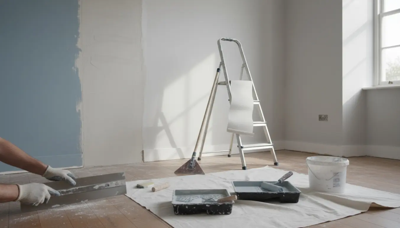 Hænder glatter fuldspartlet væg i en stue med grå hovedvægge og en blå aksentvæg.