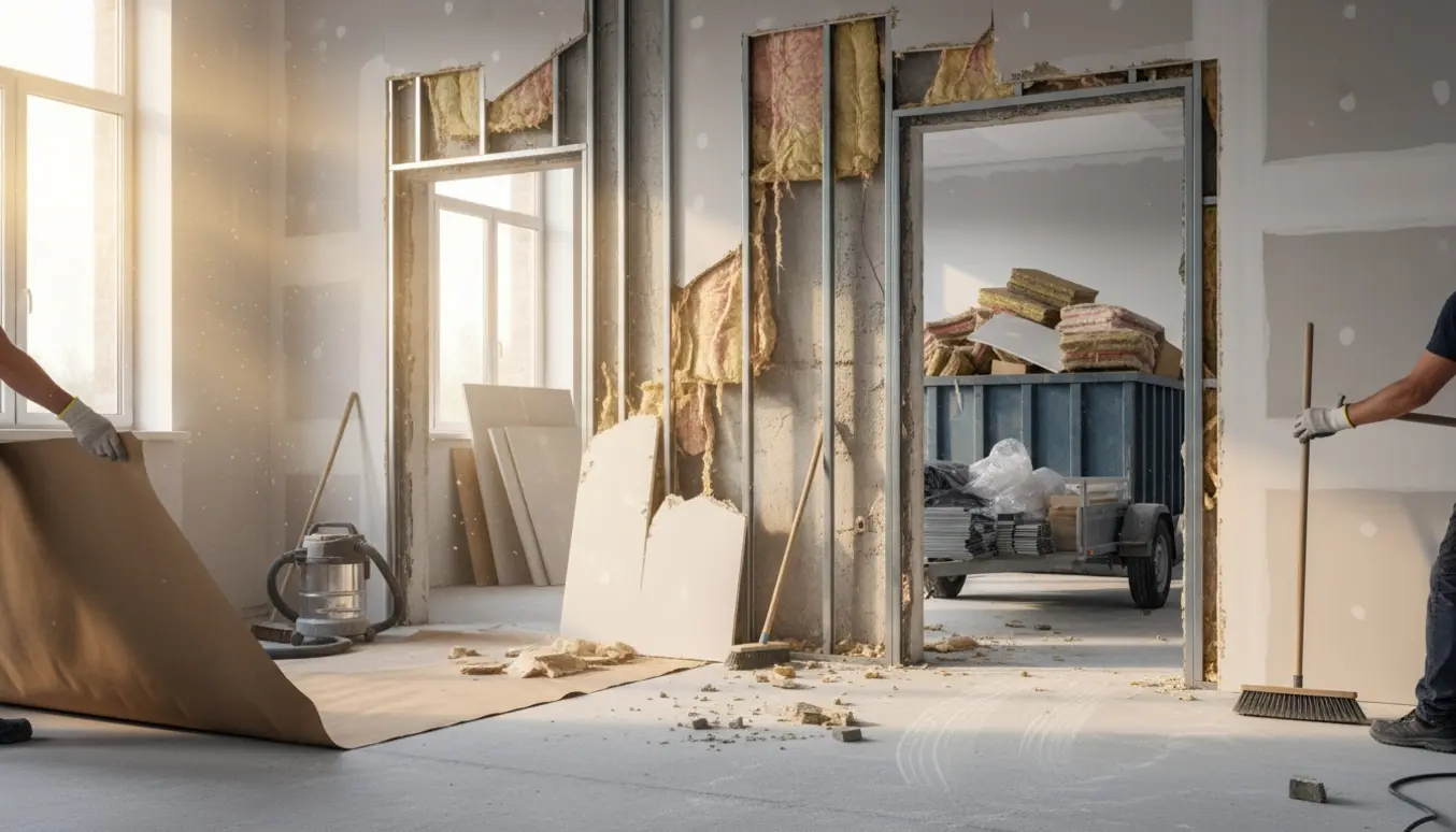 Partielt nedbrudt gipsvæg med eksponerede stålstivere, isolering på gulvet og en container fyldt med byggeaffald uden synlige ansigter.