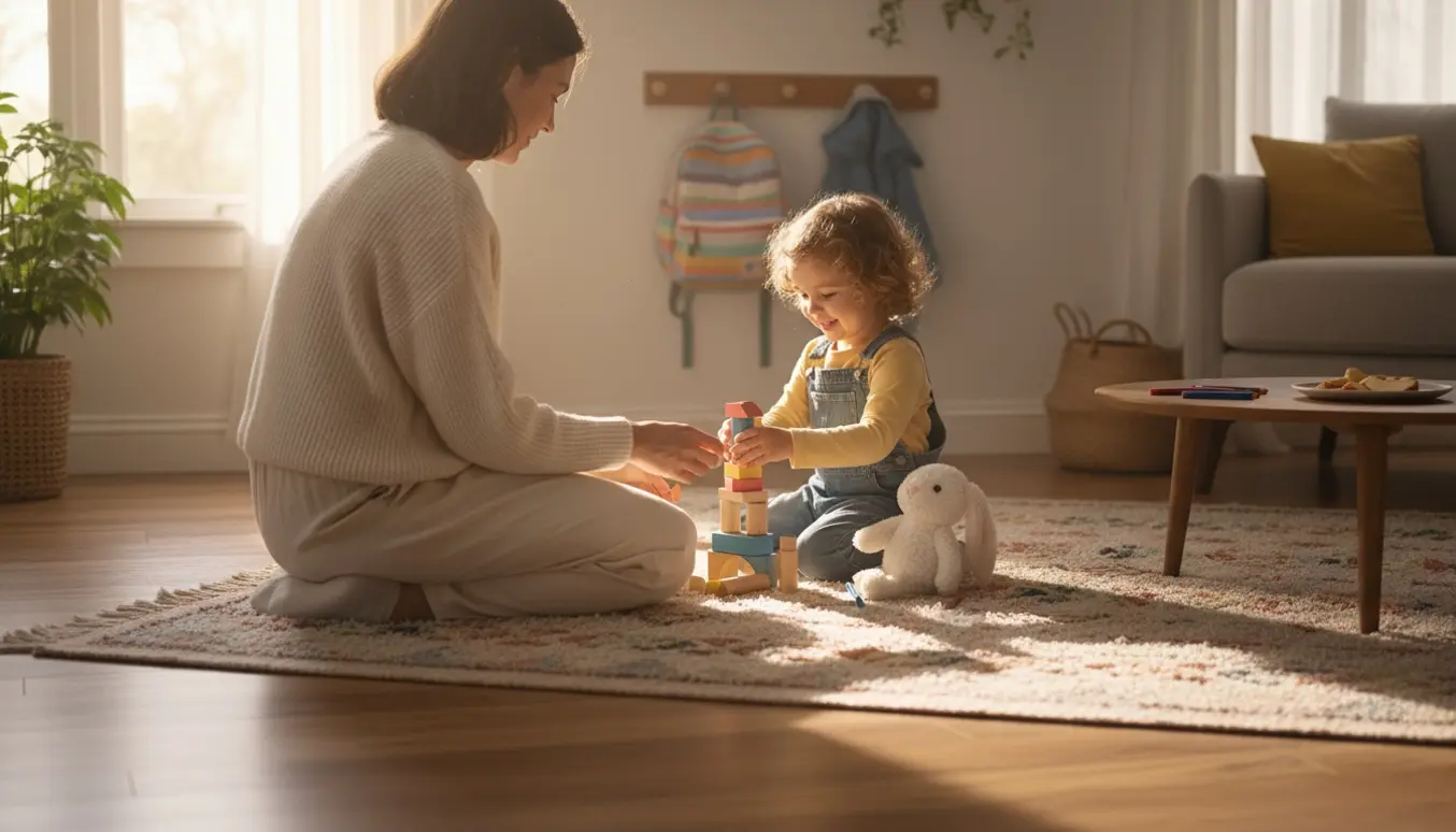 En voksen kvindelig babysitter leger med en treårig pige i et soloplyst og hyggeligt hjem.