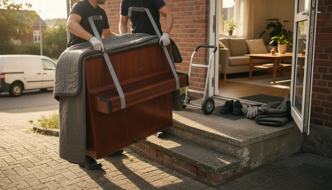 To flyttefolk bærer et indpakket pianette op ad trappen mod en lejlighedsdør med varevogn og betonrampe i baggrunden.
