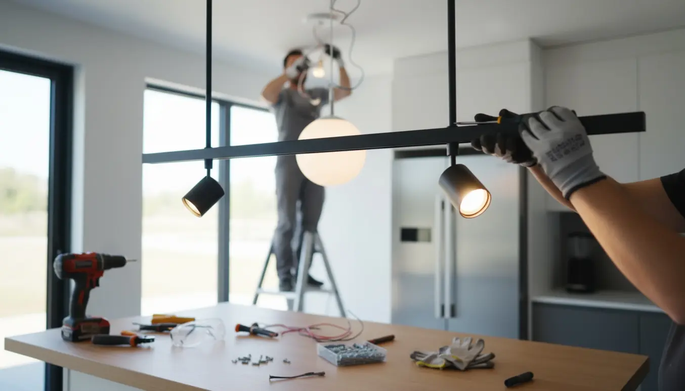 Installation af to loftslamper i et moderne køkken med en skinne og en pendel.