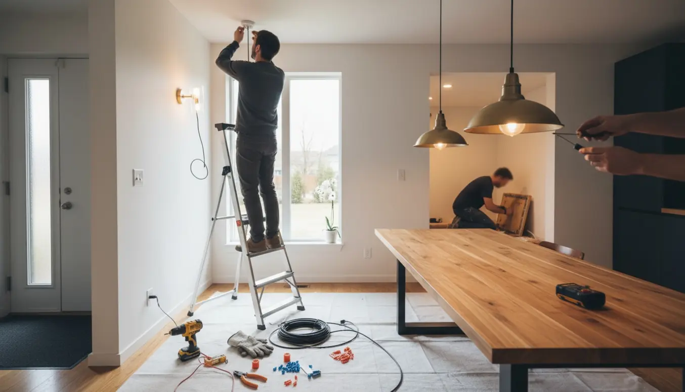 Hænder på en stige monterer pendellamper over køkken og spisebord, med elektrisk værktøj og et LED-panel klar i kælderen.