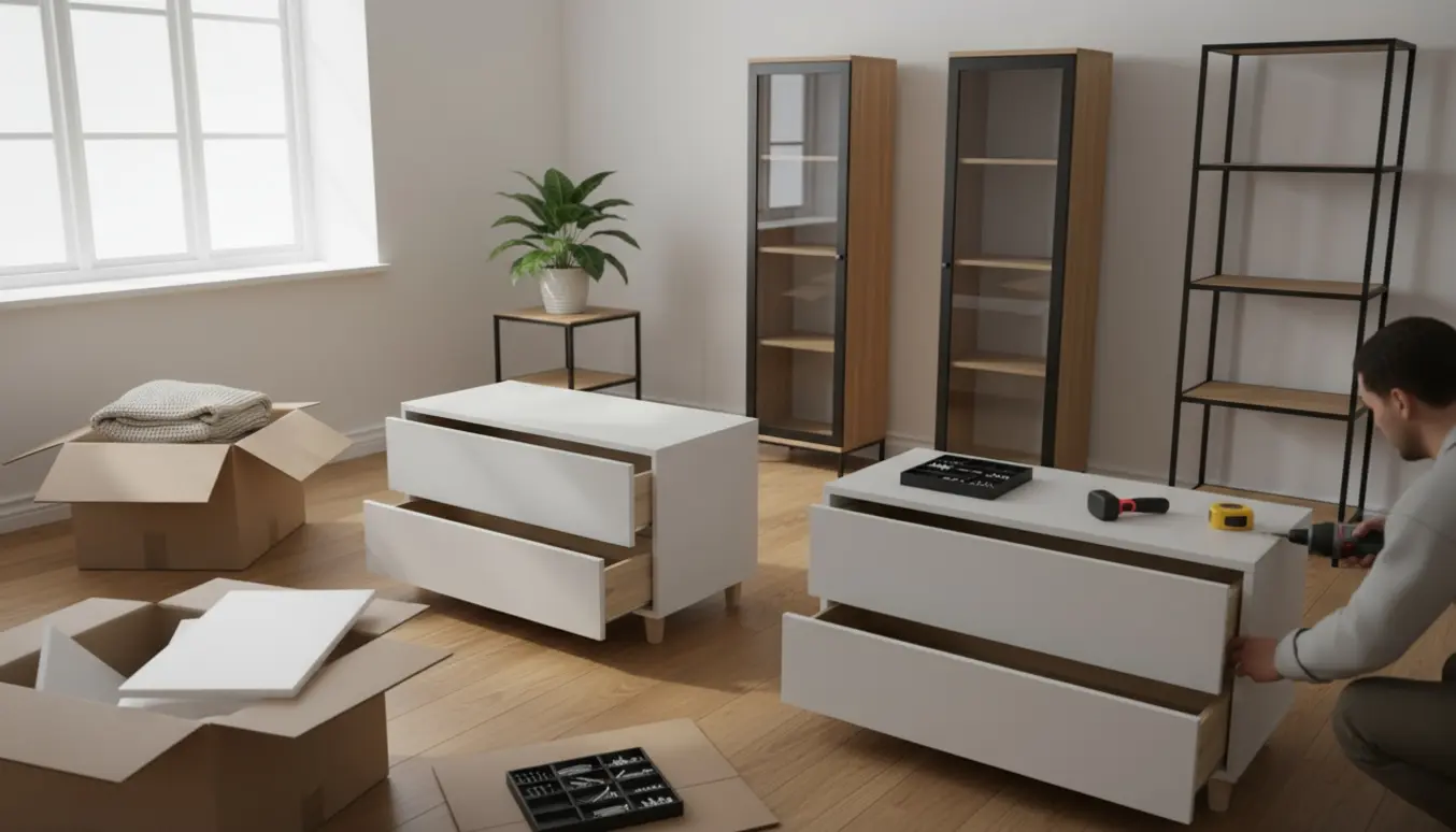 Fladt pakkede IKEA-møbler, værktøj og delvist samlede skuffer i en lys, minimalistisk stue.