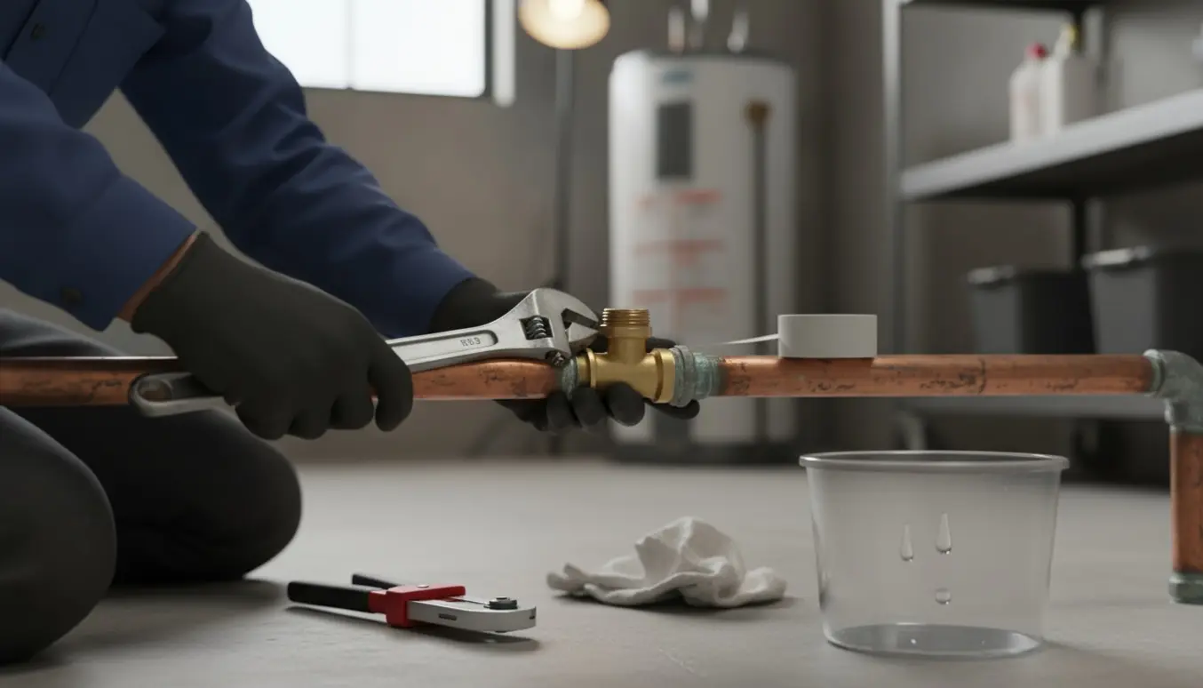 Nærbillede af VVS-hænder, der udskifter et T-stykke på et kobberrør i en kælder.