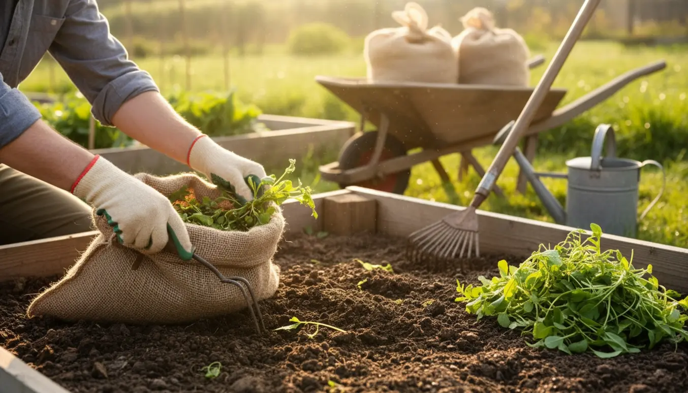 Hænder i havehandsker luger ukrudt i en køkkenhave og samler det i sække i morgensol.