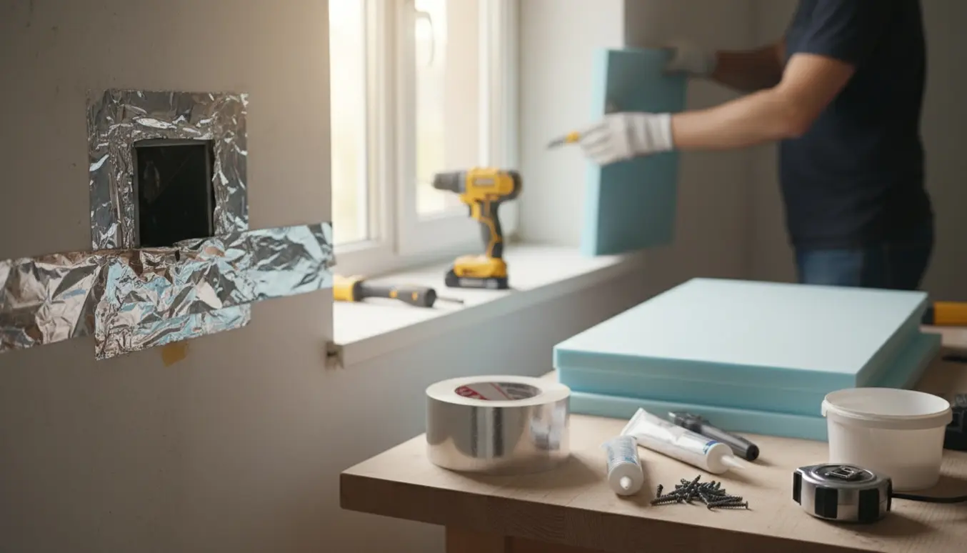 Hænder isolerer og lukker en lille luftkanal og et vindueshul med isoleringsmaterialer og værktøj.