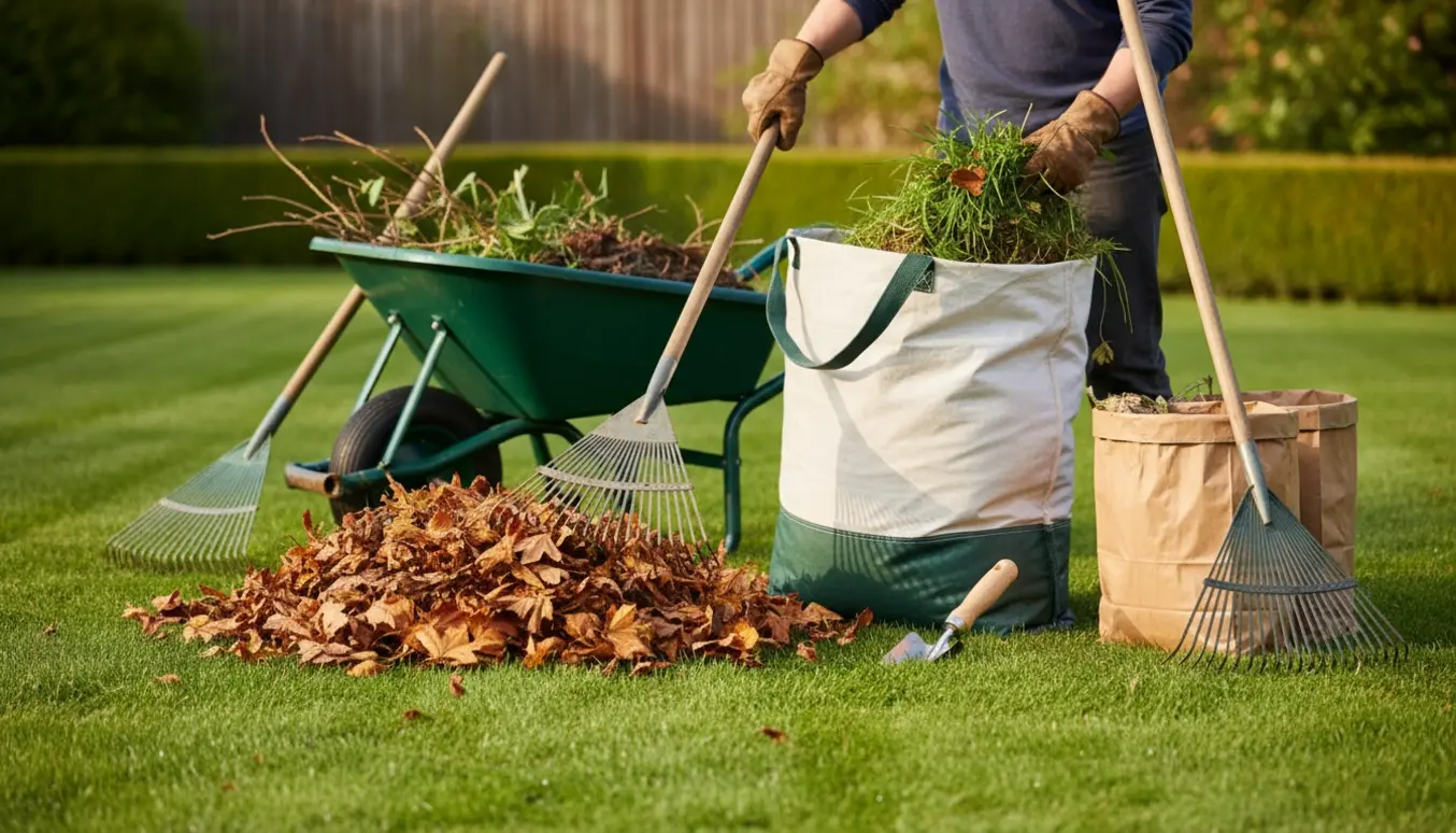 En person rager blade sammen og samler græsklip i en trillebør i en velordnet have.