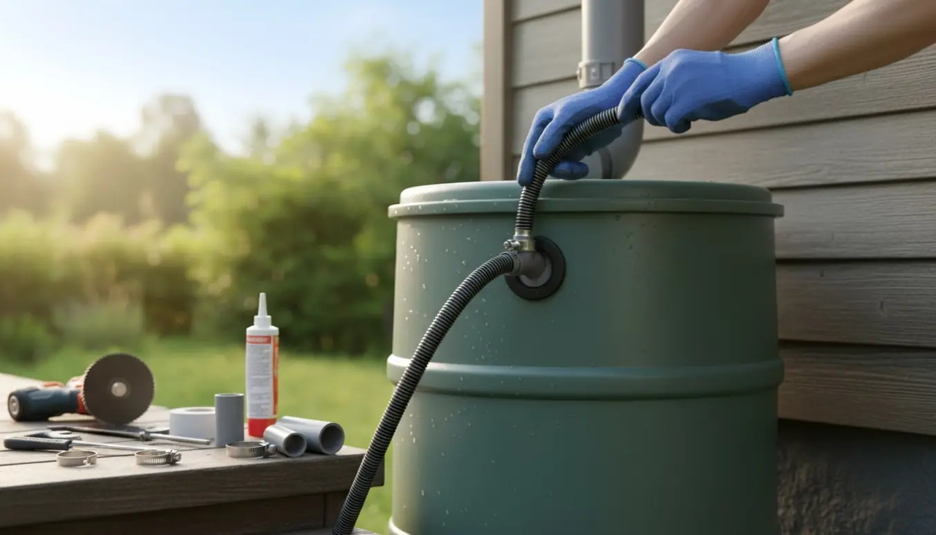 Nærbillede af tilslutning af regnvandsopsamler til nedløbsrør med værktøj ved husvæg.