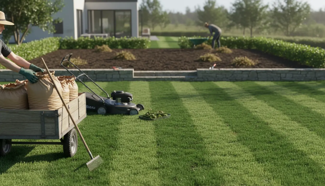 Trailer med fyldte haveaffaldsposer ved en nyslået græsplæne, luget hæk og terrassebed.