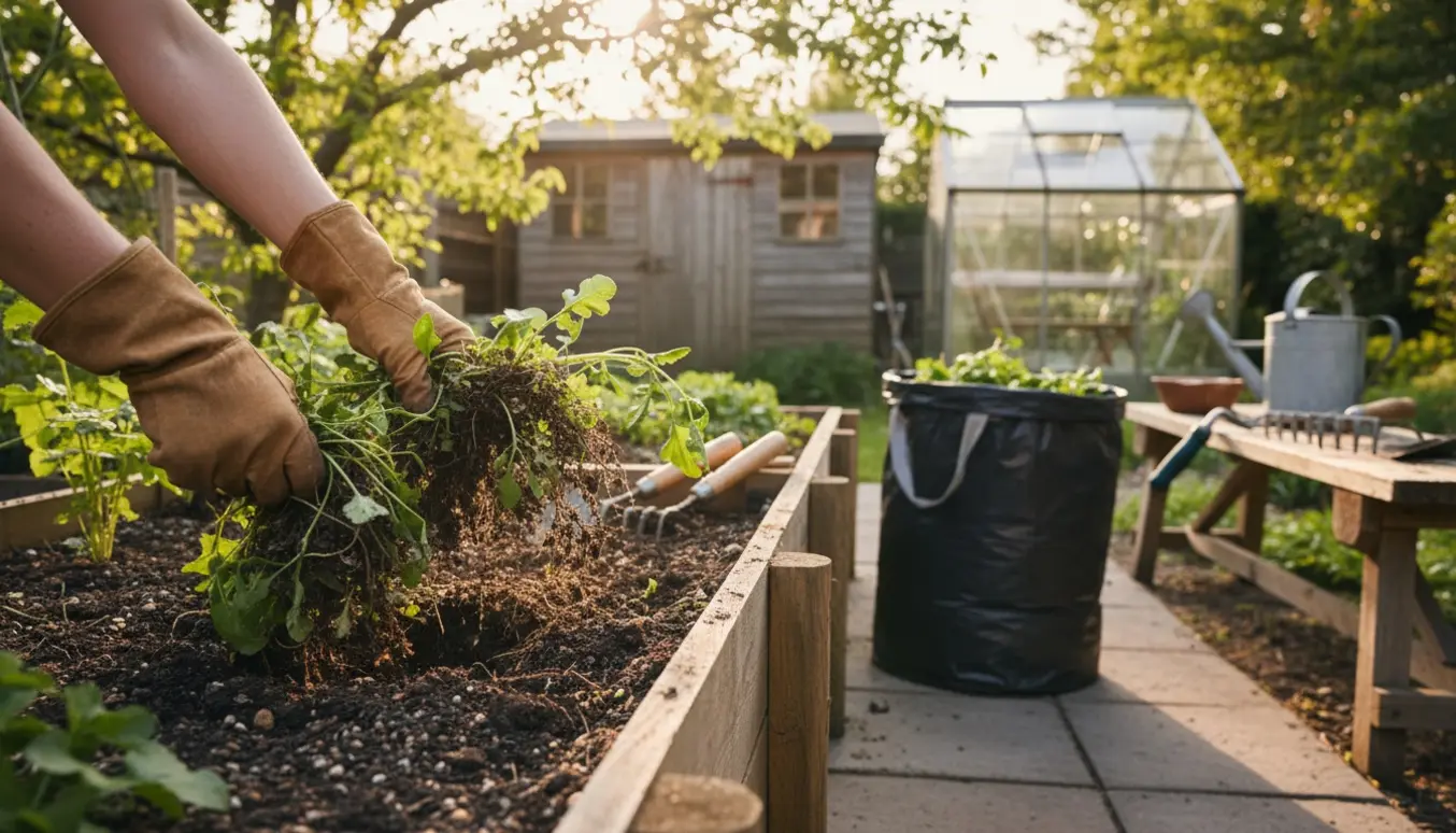 Nærbillede af handsker, der luger ukrudt i en hyggelig kolonihave med affaldssæk og haveredskaber.