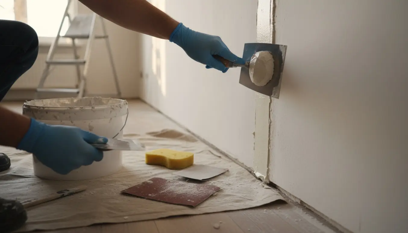 Hænder pudser en revne i en indendørs væg med spartel og våd puds.