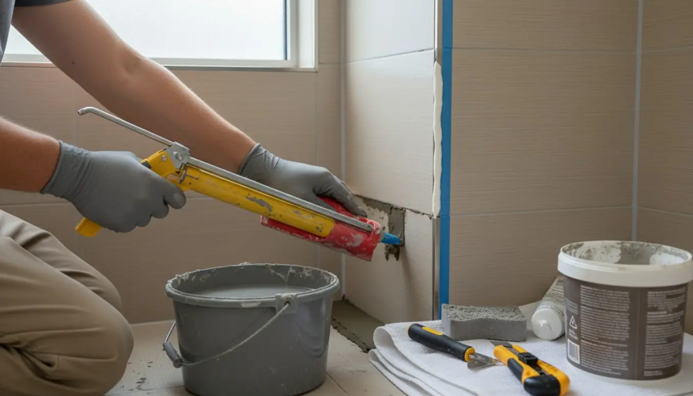 Hænder påfører mørtel mellem badeværelsesfliser og glatter silikone i hjørnet.