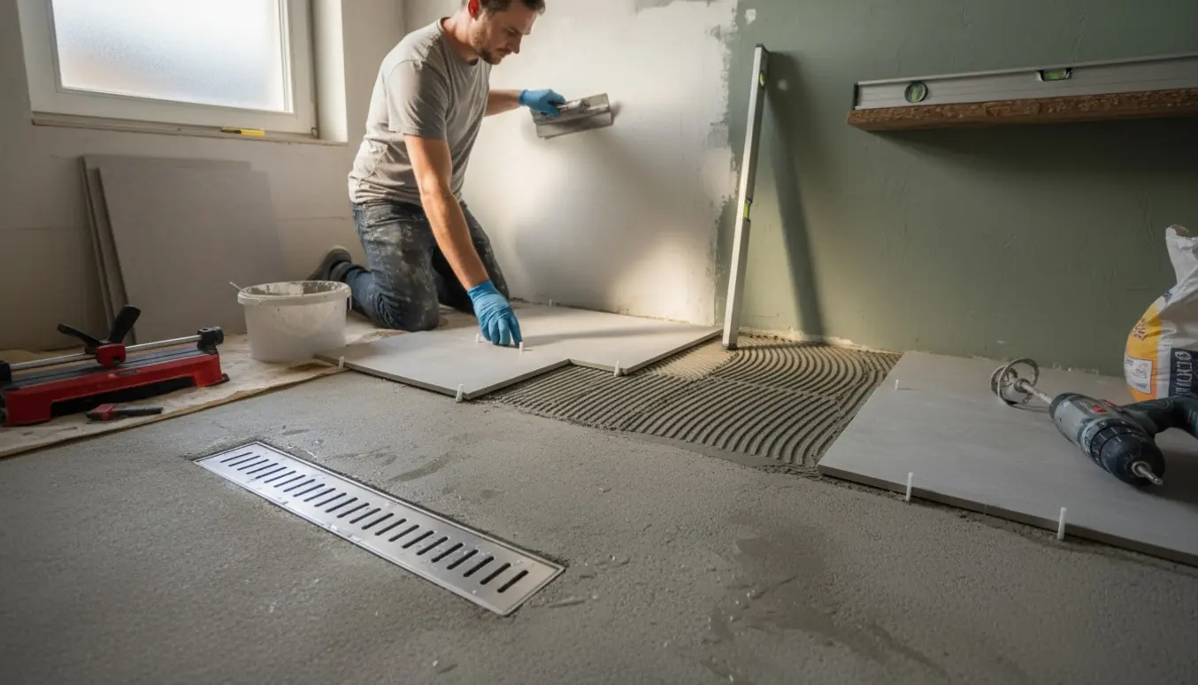 Lille badeværelse under renovering med vådrumssikring, fald mod bruseafløb og fliser klar til opmuring.