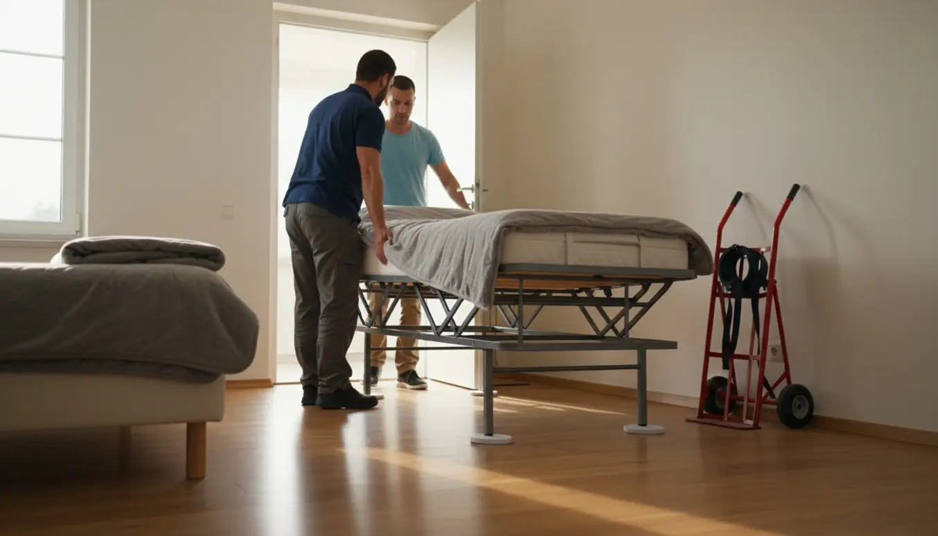To personer bærer en smal elevationsseng gennem en døråbning med flyttetæpper og dolly til beskyttelse.