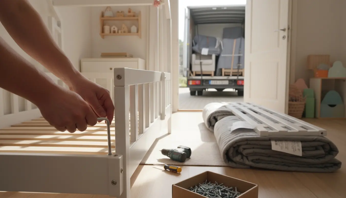 Delvist adskilt hvid Småstad højseng med værktøj og flytteudstyr i et lyst børneværelse klar til afhentning.