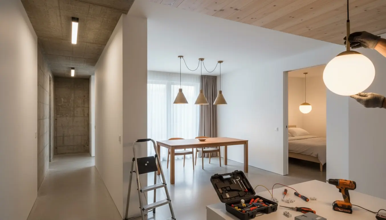 Tre ophængte loftslamper i stue, soveværelse og gang med værktøj og forskellige loftmaterialer.