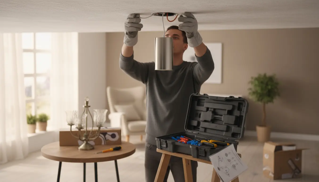 En person holder en ny lampe op mod loftet mens værktøj og emballage ligger på gulvet.
