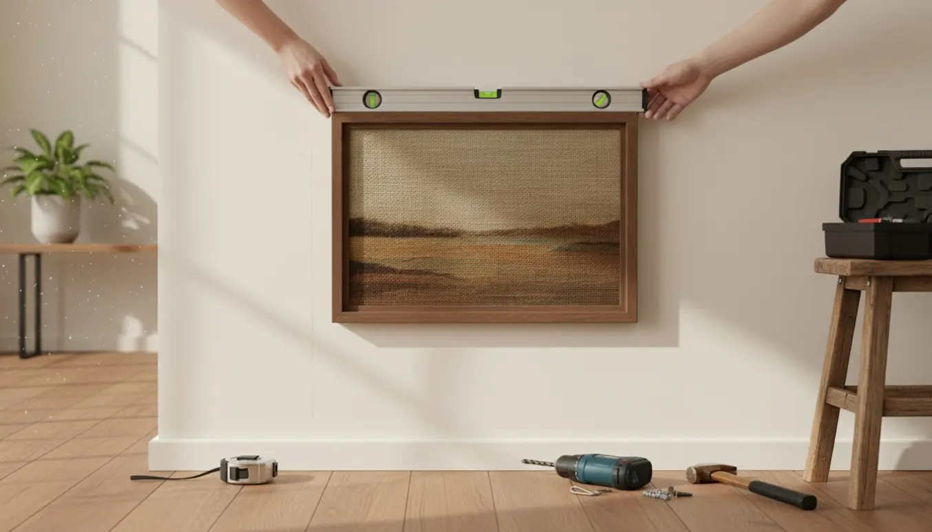 Hænder hænger et 64x84 cm maleri på en lys væg med vaterpas og målebånd.