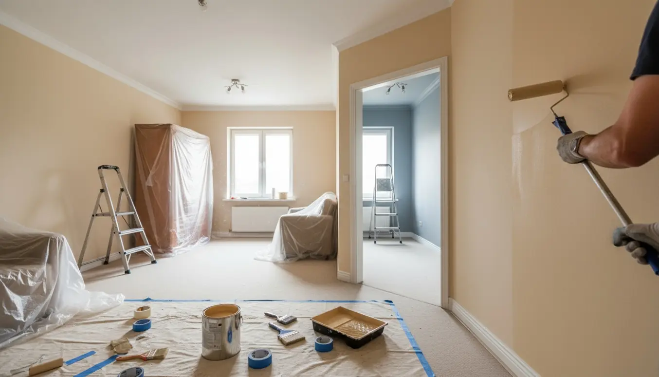 En maler ruller beige maling på en væg i et lyst hjem, med afdækkede møbler, et skab i soveværelset og en gang med et loft i en anden farve.