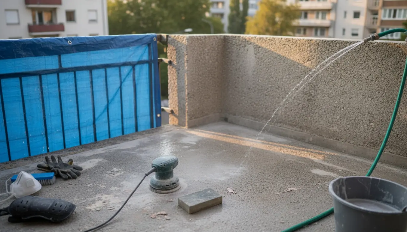 Delvist afskallet betonaltan hvor maling fjernes med slibemaskine og skylles med vand.