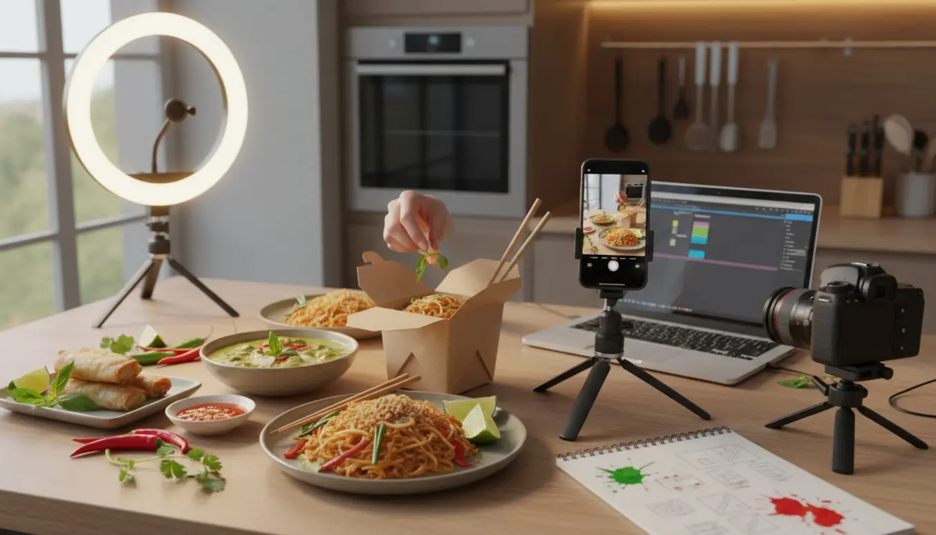 Optagelse af thailandske take-away-retter til sociale medier med telefon på tripod, farverige retter og friske ingredienser.