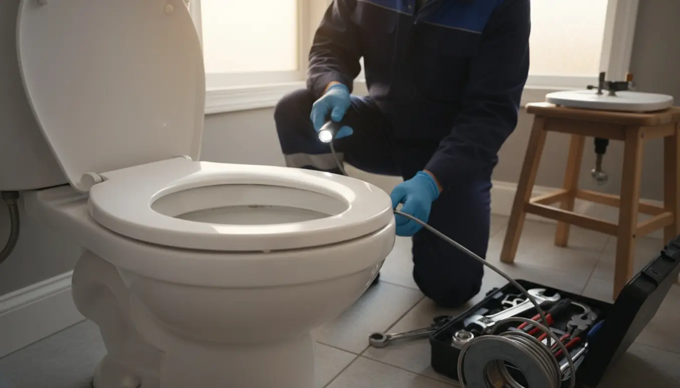 Toilet med lavt vandspejl, hvor en blikkenslager undersøger afløbet med værktøj.