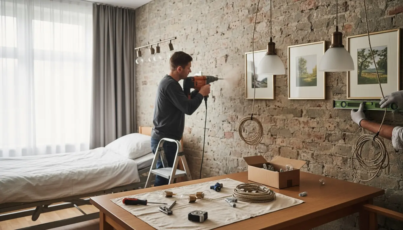 Tekniker på en stige borer i en tyk mur for at montere lamper og hænge billeder på et plejehjem, mens værktøj og ledninger ligger på et bord.
