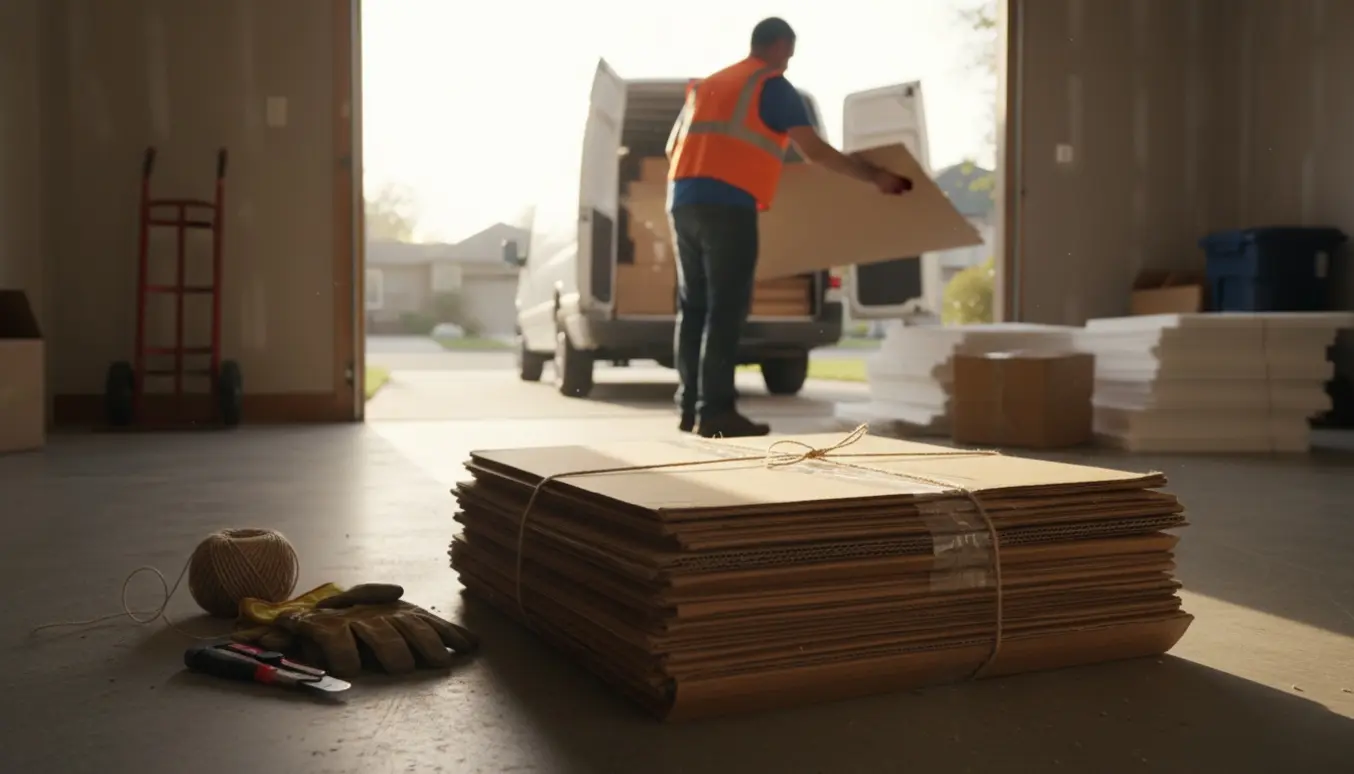 Stablede papkasser og skumplader i garagen klar til afhentning, med en person set bagfra ved en varevogn.