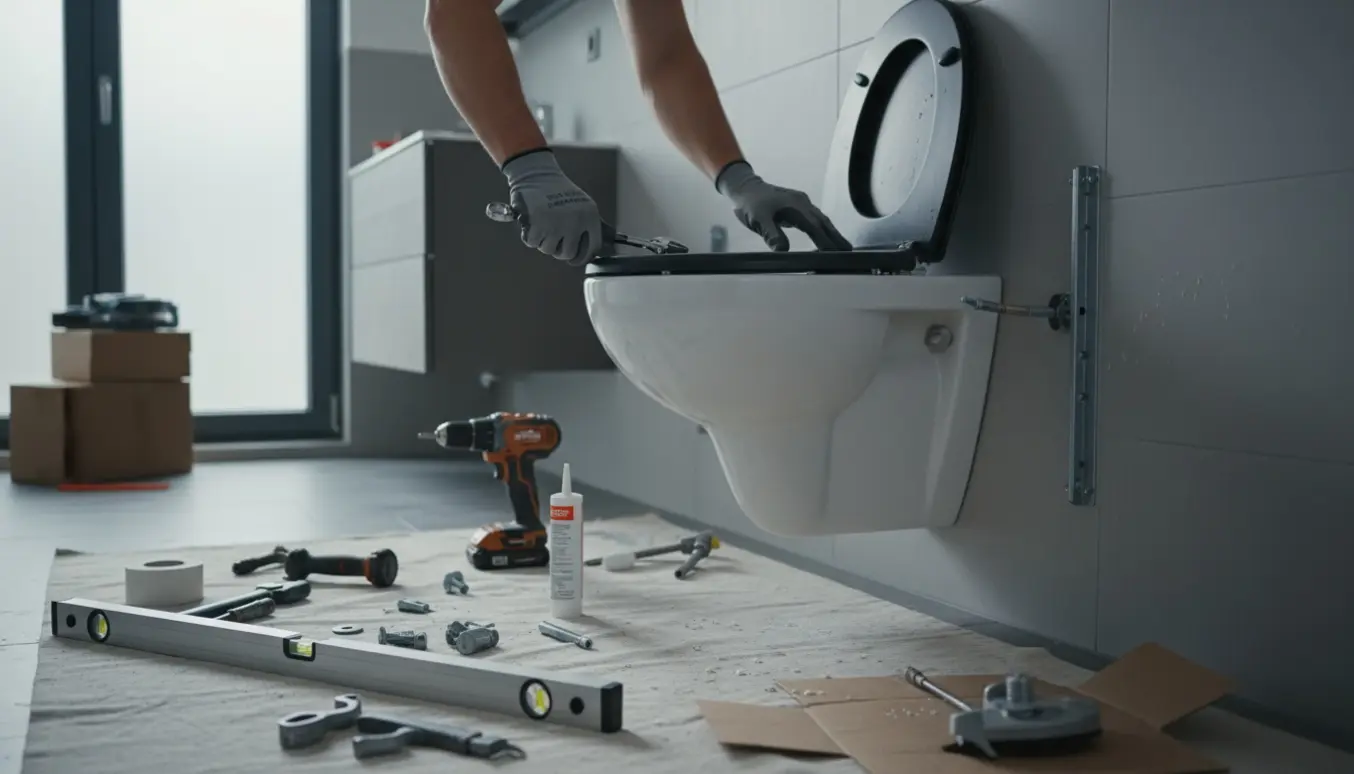 Hænder monterer et nyt væghængt toilet med sort softclose-toiletsæde i et moderne badeværelse.