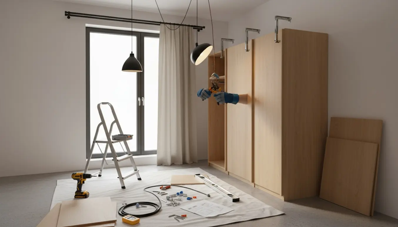 Delvist samlet IKEA-skab fastgjort til væggen, to lamper monteres i loftet, og en gardinstang sættes op ved vinduet.