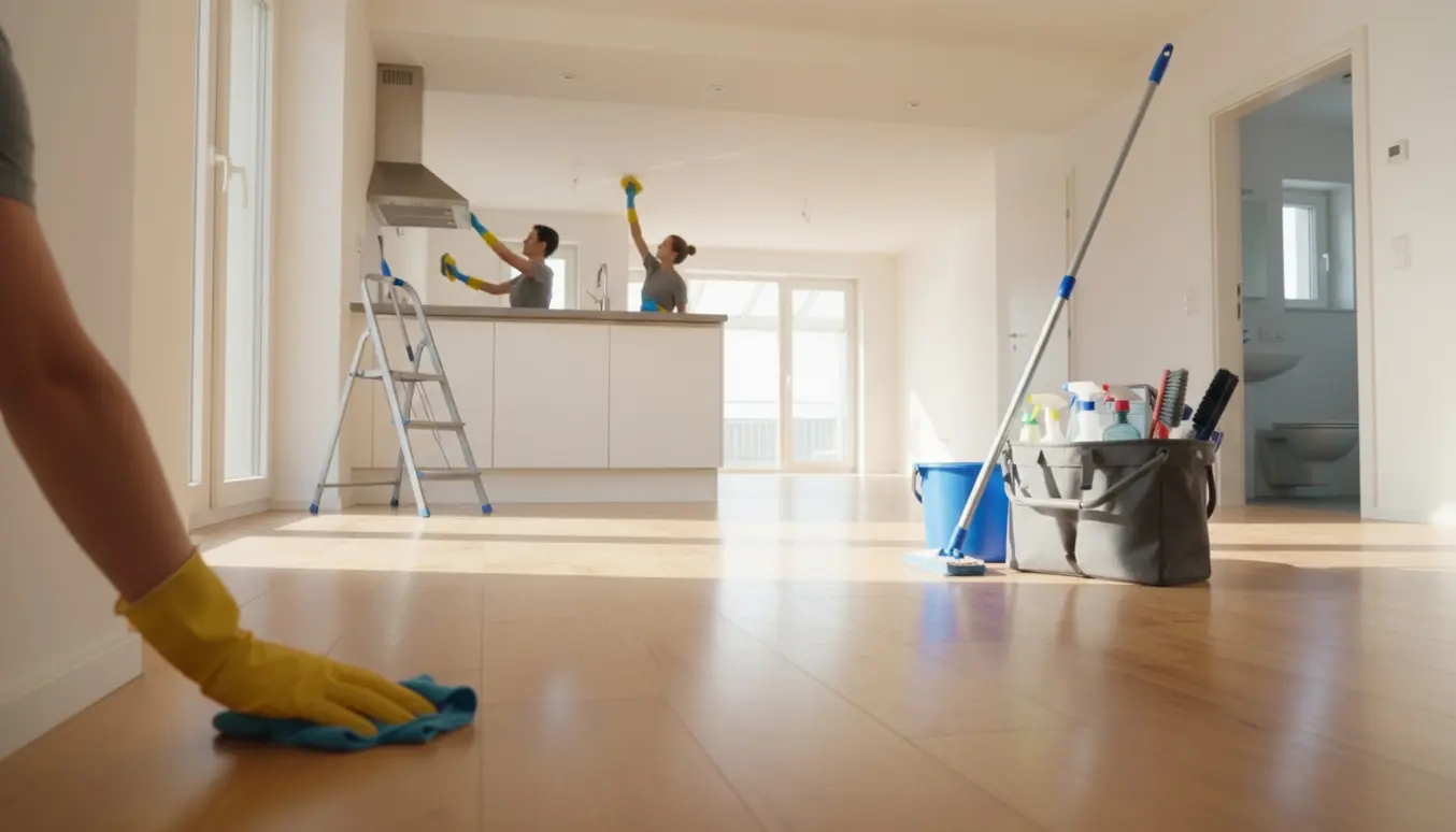 Handsker tørrer fodliste i en solfyldt lejlighed med rengjort køkken, bad og stue.