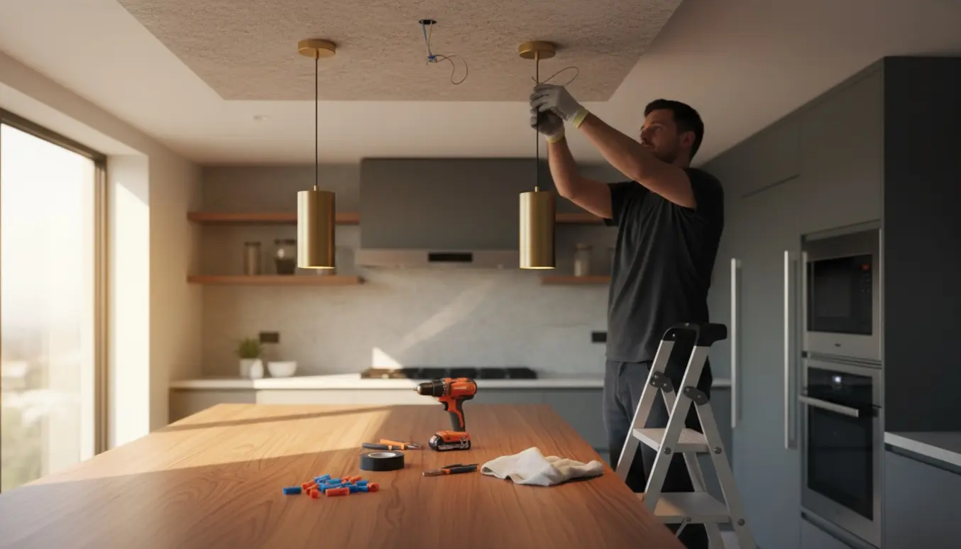 Hænder monterer en pendellampe over køkkenøen med værktøj og en anden tænd lampe i baggrunden.