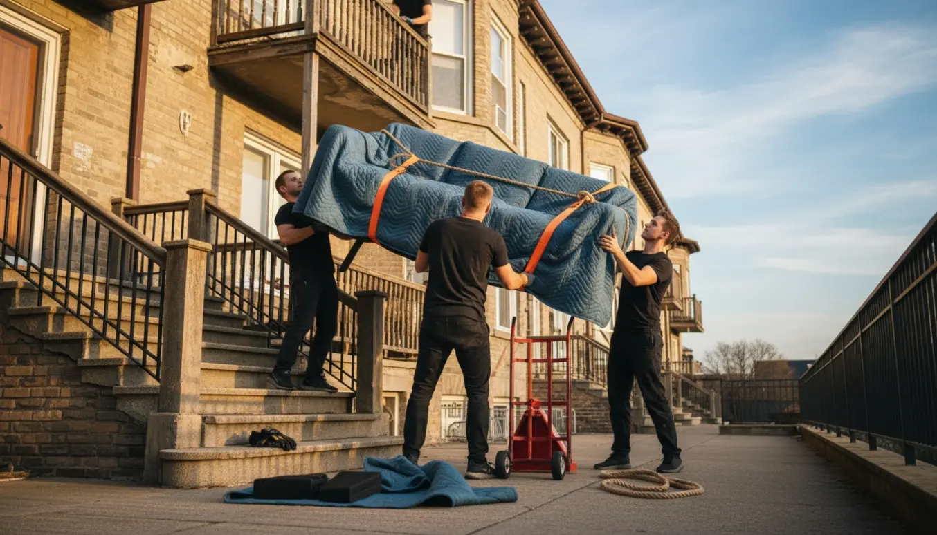 Flyttefolk løfter en sofa op til anden sal med surringstropper og beskyttelsesbetræk.