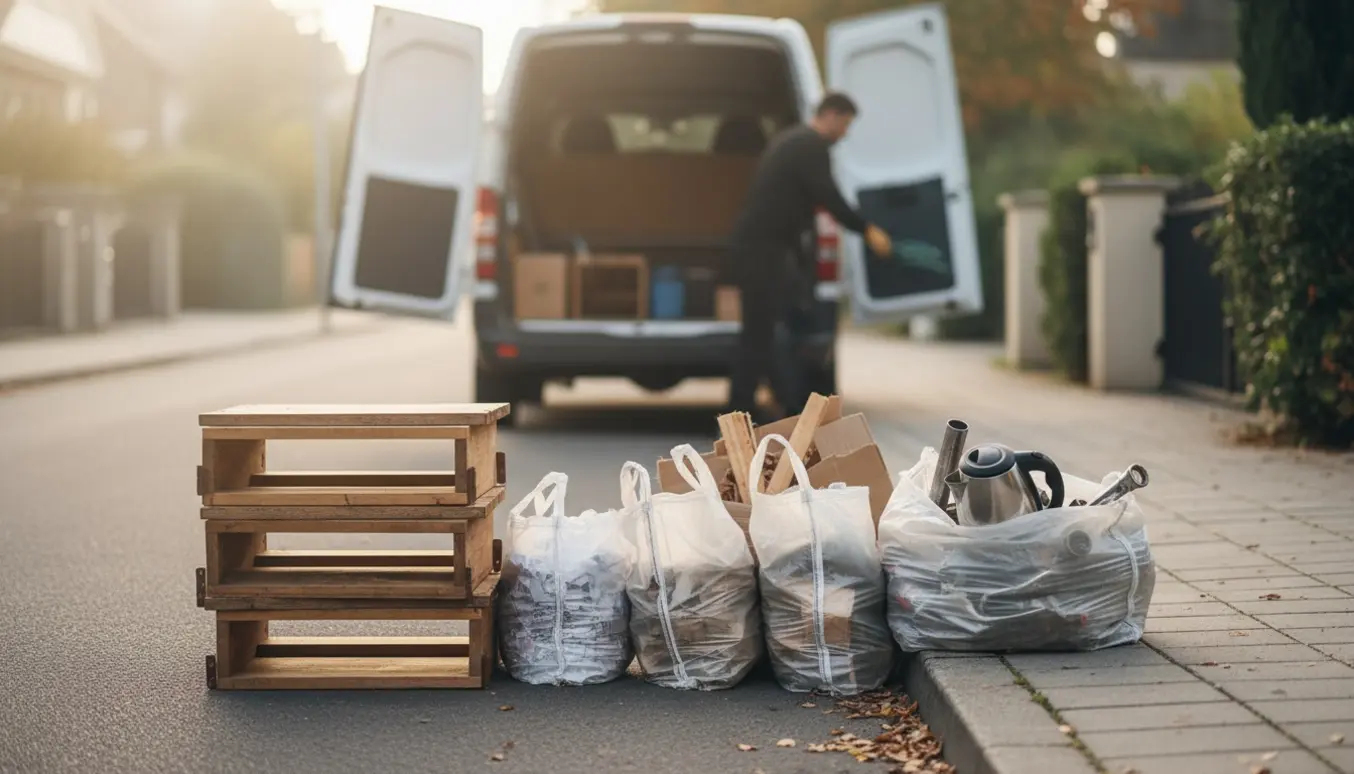 Storskrald opstillet ved kantsten med reolsokler, fire sorterede sække og åben kassebil klar til afhentning.