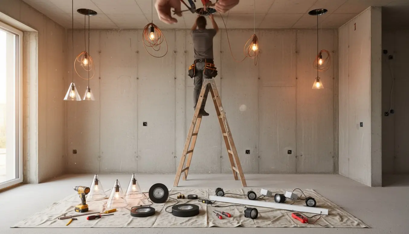 Hænder monterer forskellige lamper i et nybygget rum med betonloft og synlige ledninger.