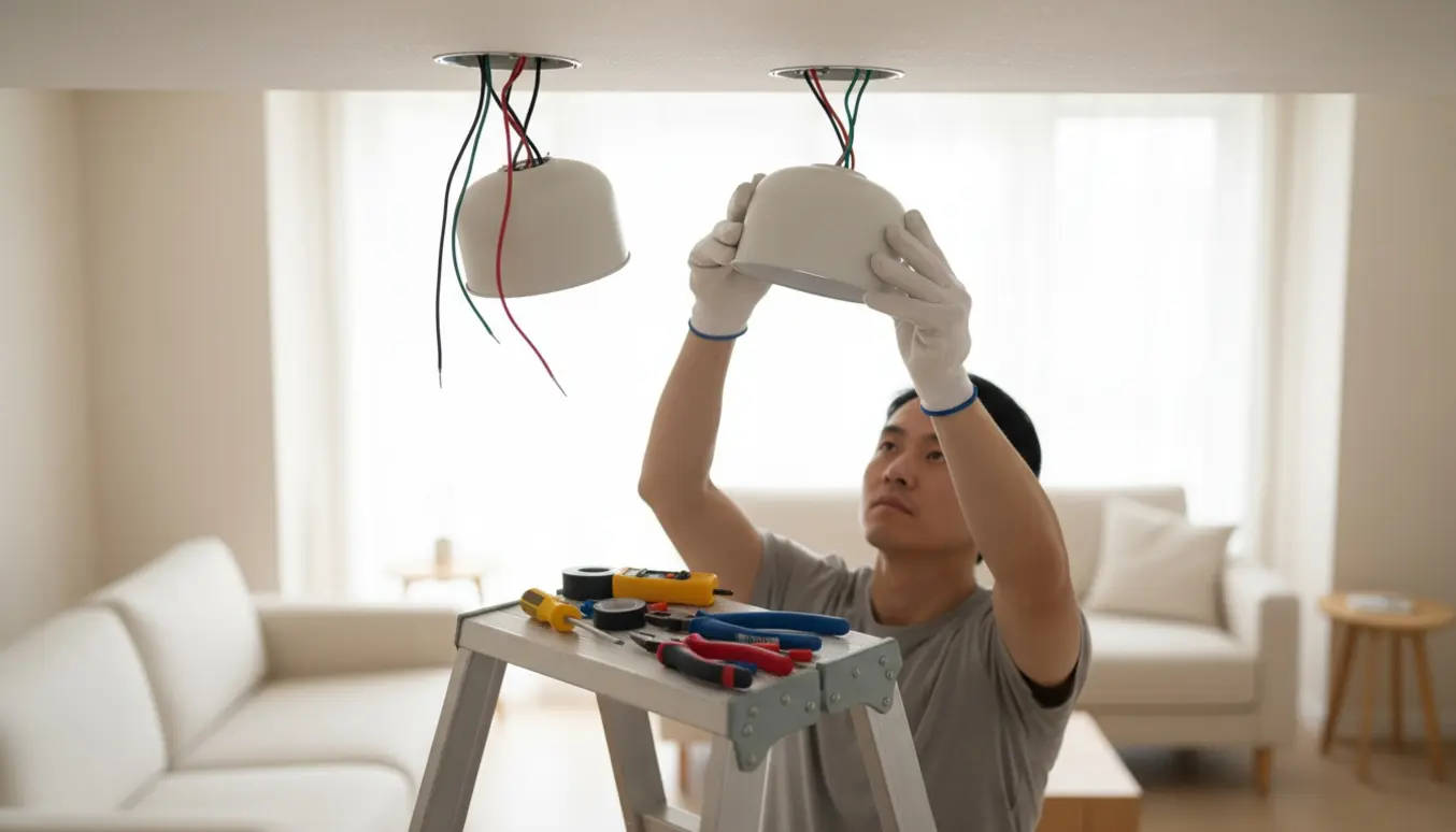 Hænder tilslutter ledninger på en enkel loftslampe, mens en anden lampe i loftet venter på tilslutning.