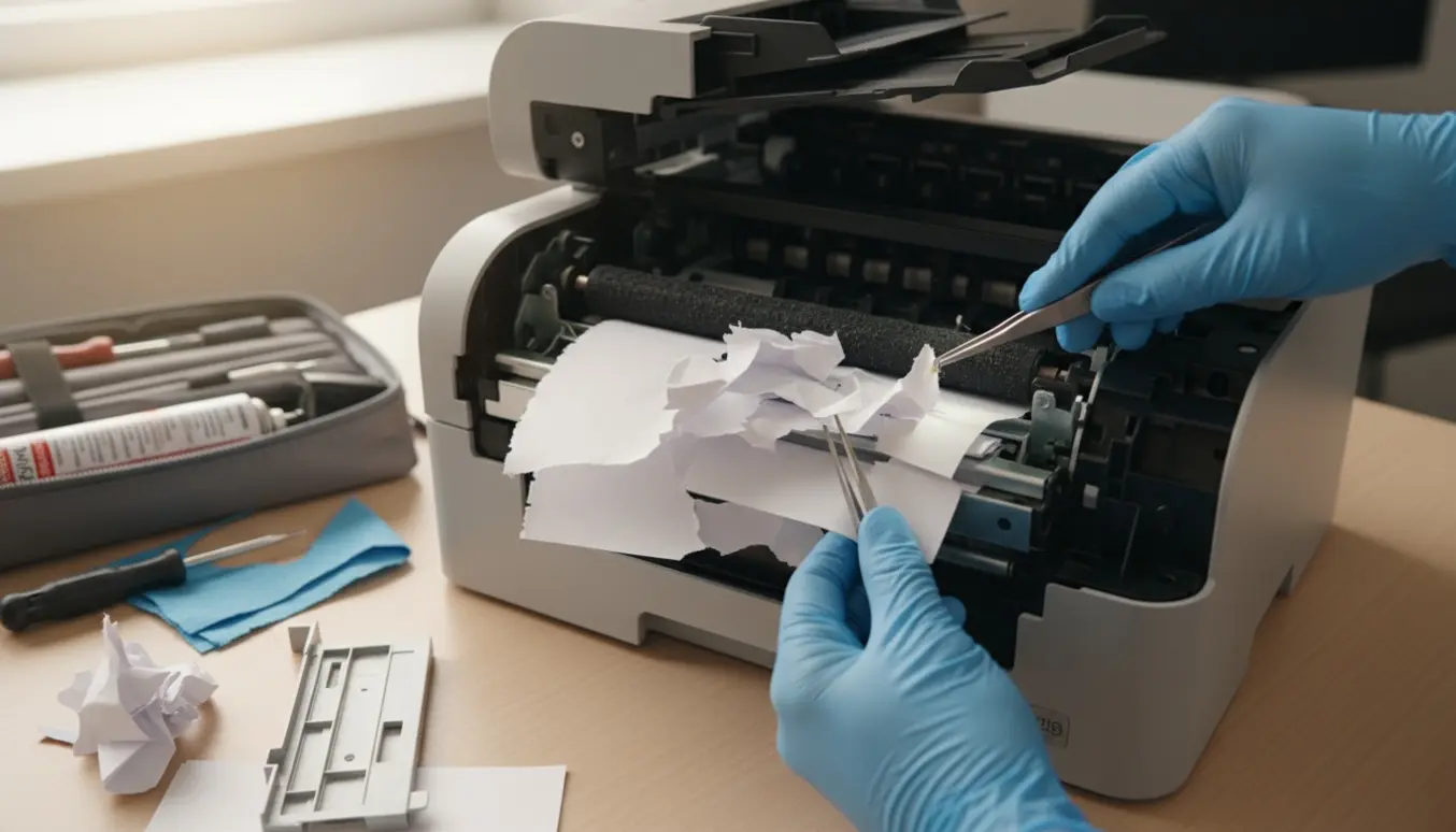 Hænder fjerner papirstop fra en åben farvelaserprinter på et skrivebord.