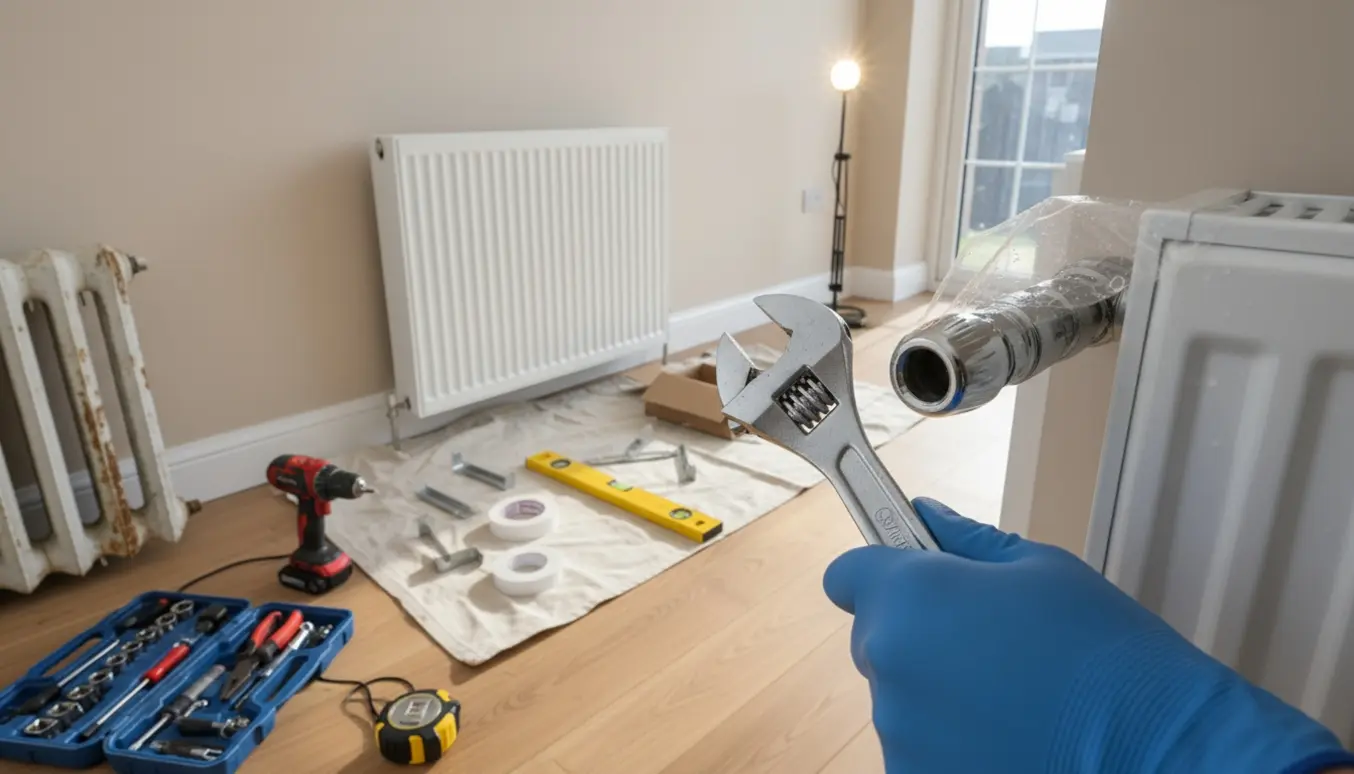 Hænder tilslutter en ny radiator med værktøj, mens en gammel radiator ligger til side i et lyst rum.