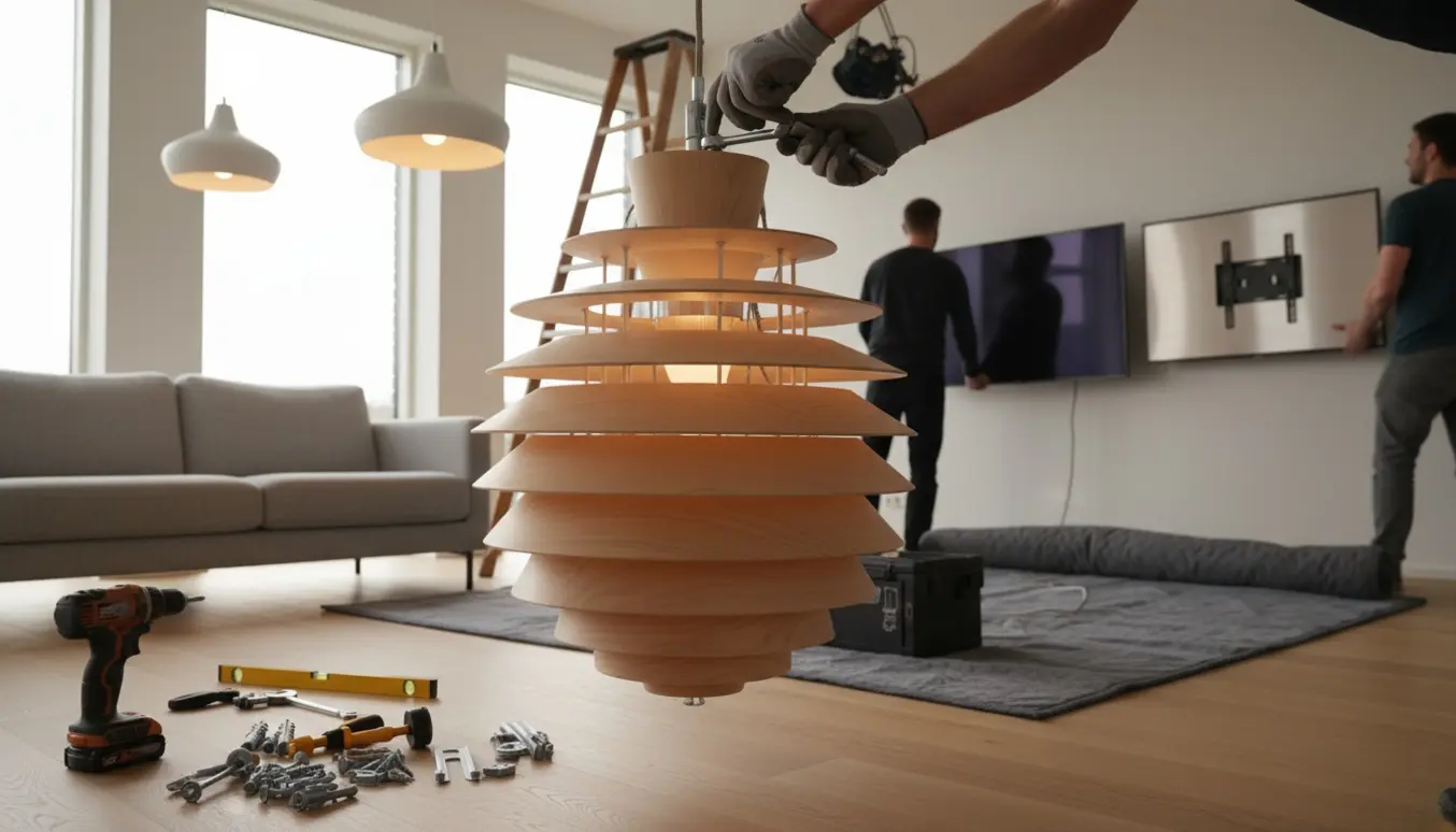 Montering af tung koglen-lampe, to PH-pendler og to fjernsyn i en moderne stue med værktøj og sikkerhedsudstyr.