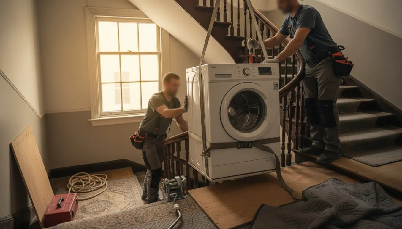 Tung vaskemaskine løftes op ad en snoet trappe med løftestropper og beskyttelsesdækkener.