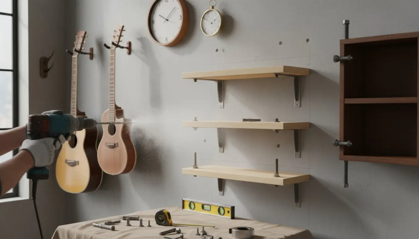 Nærbillede af montage af knage, guitarophæng, ur, barometer, hylder og reol på en betonvæg med bor og rawlplugs.