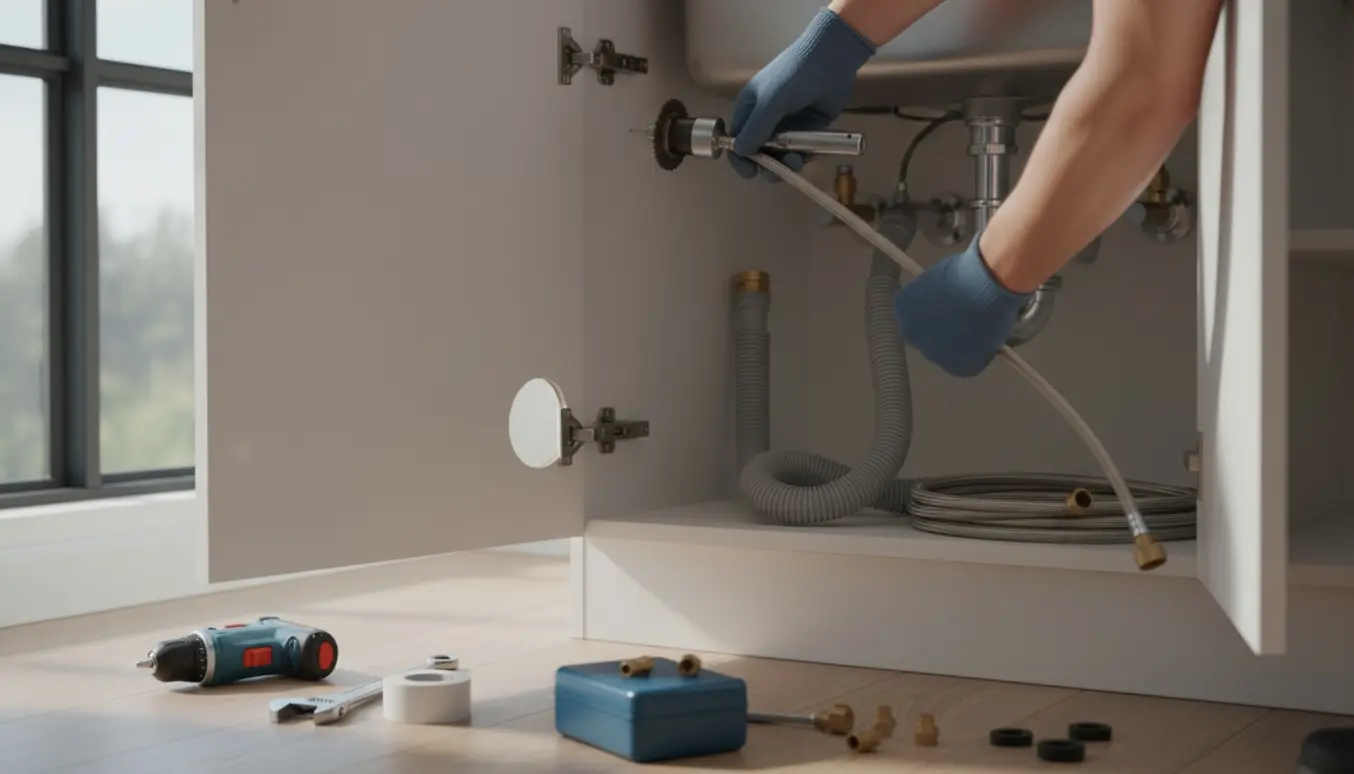 Hænder forbereder vaskemaskinetilslutning ved at bore hul i køkkenskab og ordne slanger under vasken.