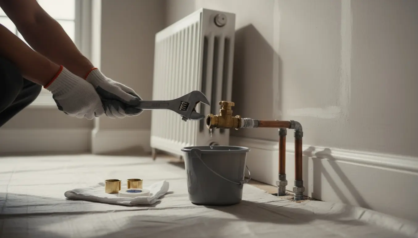 En håndværker fjerner en radiator og sætter propper i rørene med værktøj og en spand til vand.