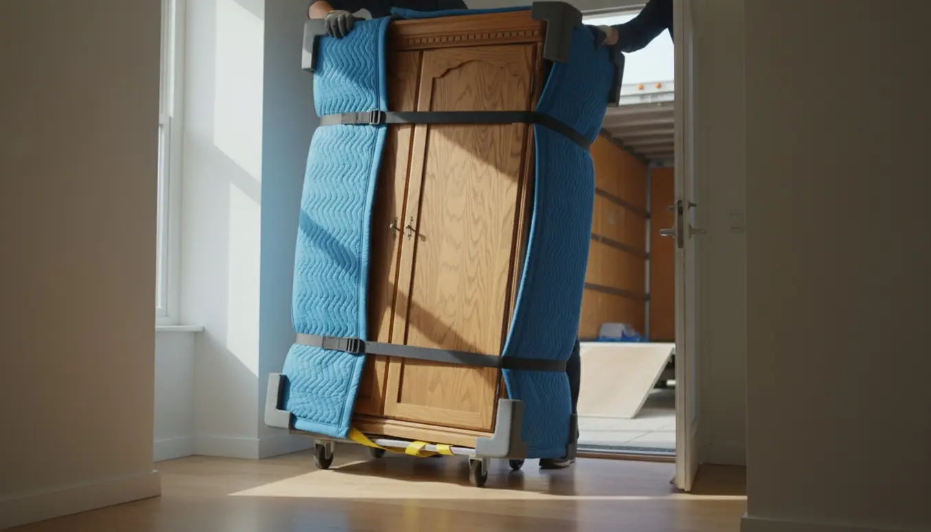 To flyttefolk manøvrerer et helt træskab gennem en smal døråbning med flyttetæpper og stropper.