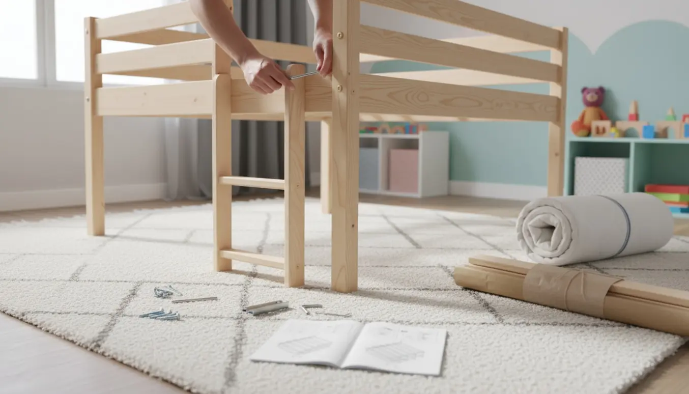 Halvhøj seng delvist samlet i lyst børneværelse med værktøj og dele på gulvet.