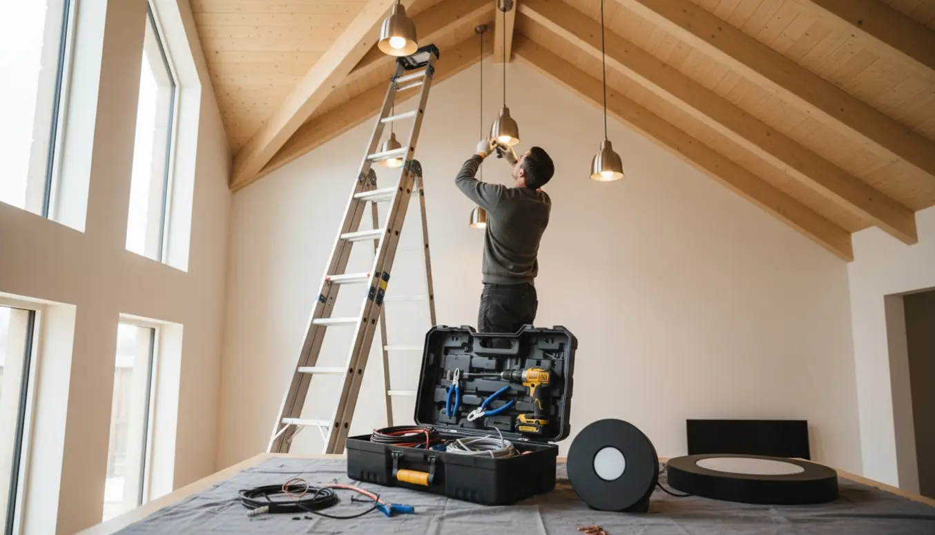 En håndværker på stige installerer lamper i et hjem med højt, skrånende loft, med værktøj og lamper i forgrunden.