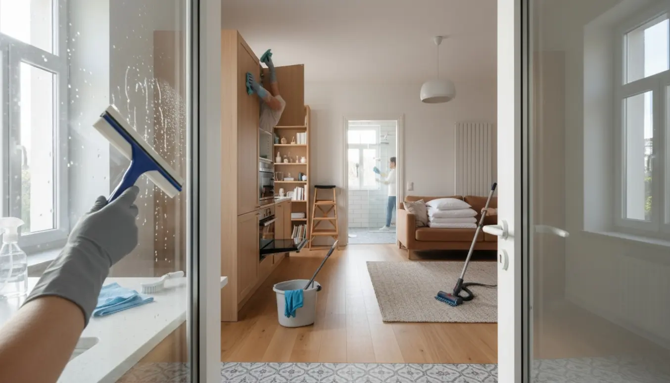 Solbelyst åben plan stue og køkken under grundig hovedrengøring med rengøringsredskaber og skinnende overflader.